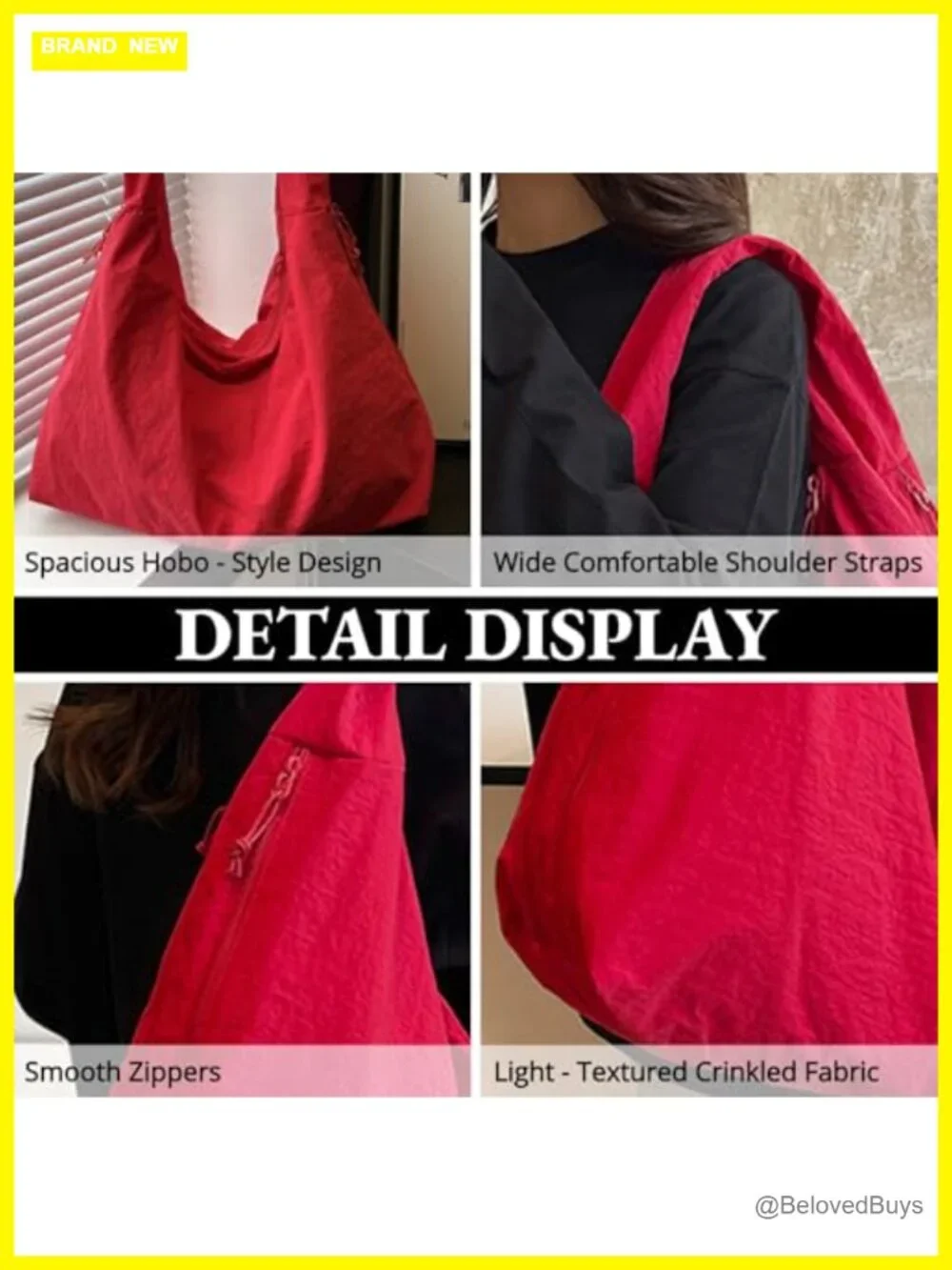 Large Nylon Tote Bag with Multiple Pockets Crescent Hobo Shoulder Bag for Travel